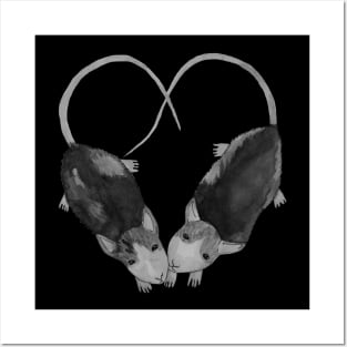 Two bnw rats in heart shape Posters and Art